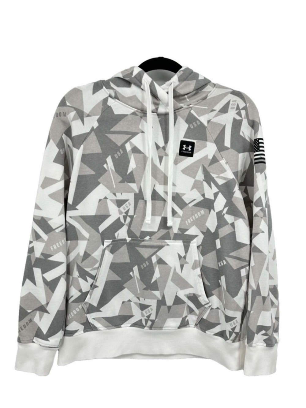 Under Armour Freedom Camo Hoodie Women Small Gray White USA Flag Fleece
